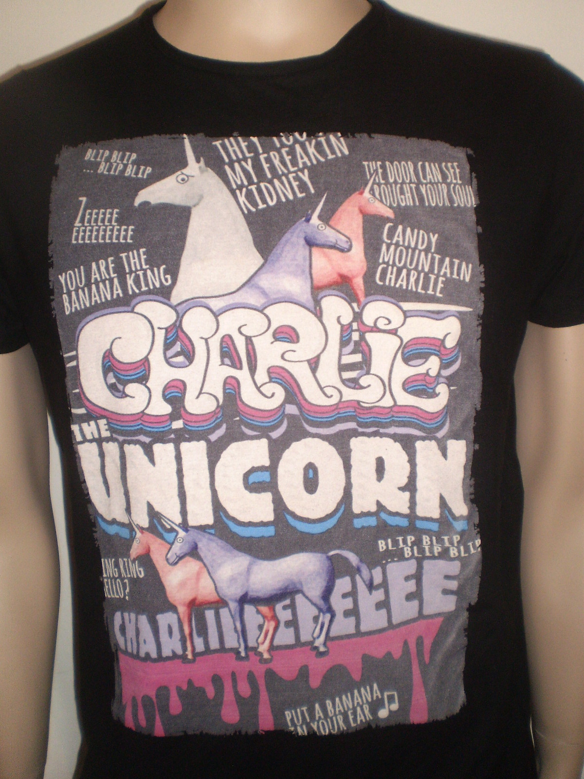 Charlie The Unicorn Black Tshirt For Men Humor Tee Vintage Style Effect