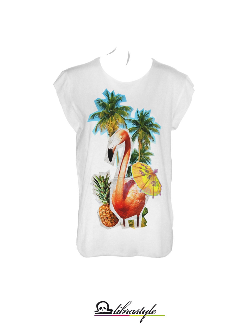 Tropical White Tshirt With Flamingo, Pineapple, Ananas, Cocktail And Palm Tree on Luulla