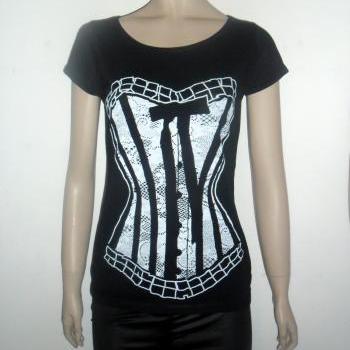 Black and withe lace corset tshirt for women scoop neck tee