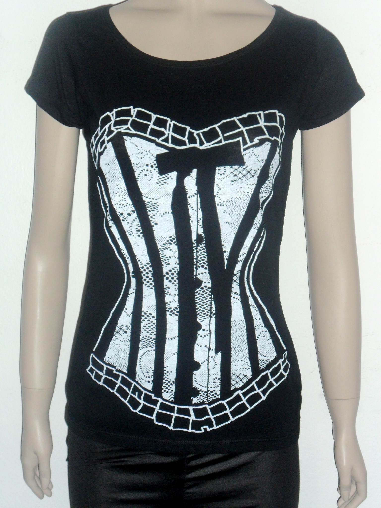 Black And Withe Lace Corset Tshirt For Women Scoop Neck Tee on Luulla